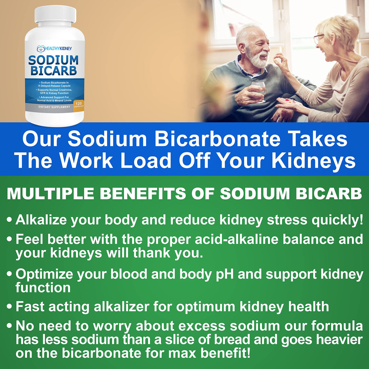 Sodium Bicarbonate 650mg Capsules Delayed Release for Supporting Normal Kidney Function & Kidney Health Supplement. Sodium Bicarbonate Designed for Kidney Support, Acid Relief, Alkalinity 120 Pills