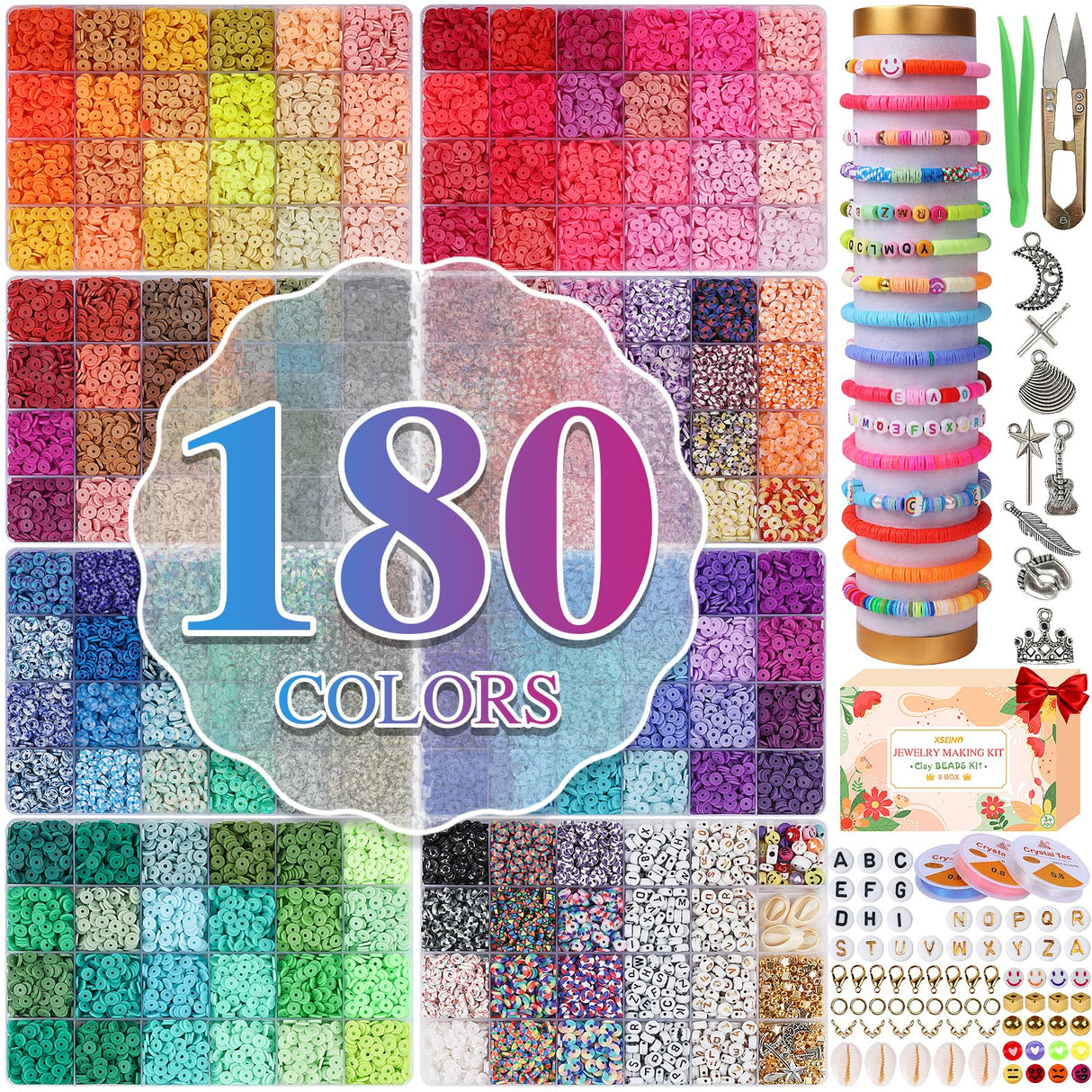 XSEINO 37300+ Pcs Clay Beads Bracelet Making Kit,8 Boxes 180 Colors Friendship Charms Kit Flat Polymer Heishi Beads with Rich Jewelry Making Accessories for Crafts Christmas Gifts