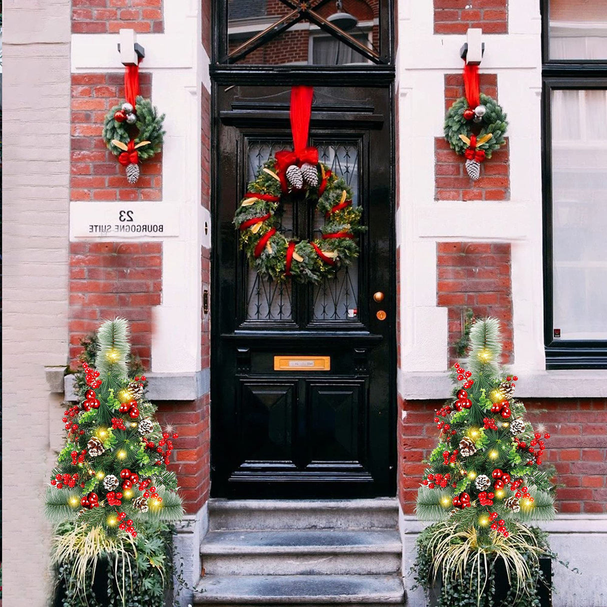 GUOOU Set of 2 Pathway Christmas Tree Urn Filler, Lighted Artificial Mini Xmas Trees with Lights, Outdoor Christmas Decorations for Porch, Driveway, Yard (5 Pine Cones)