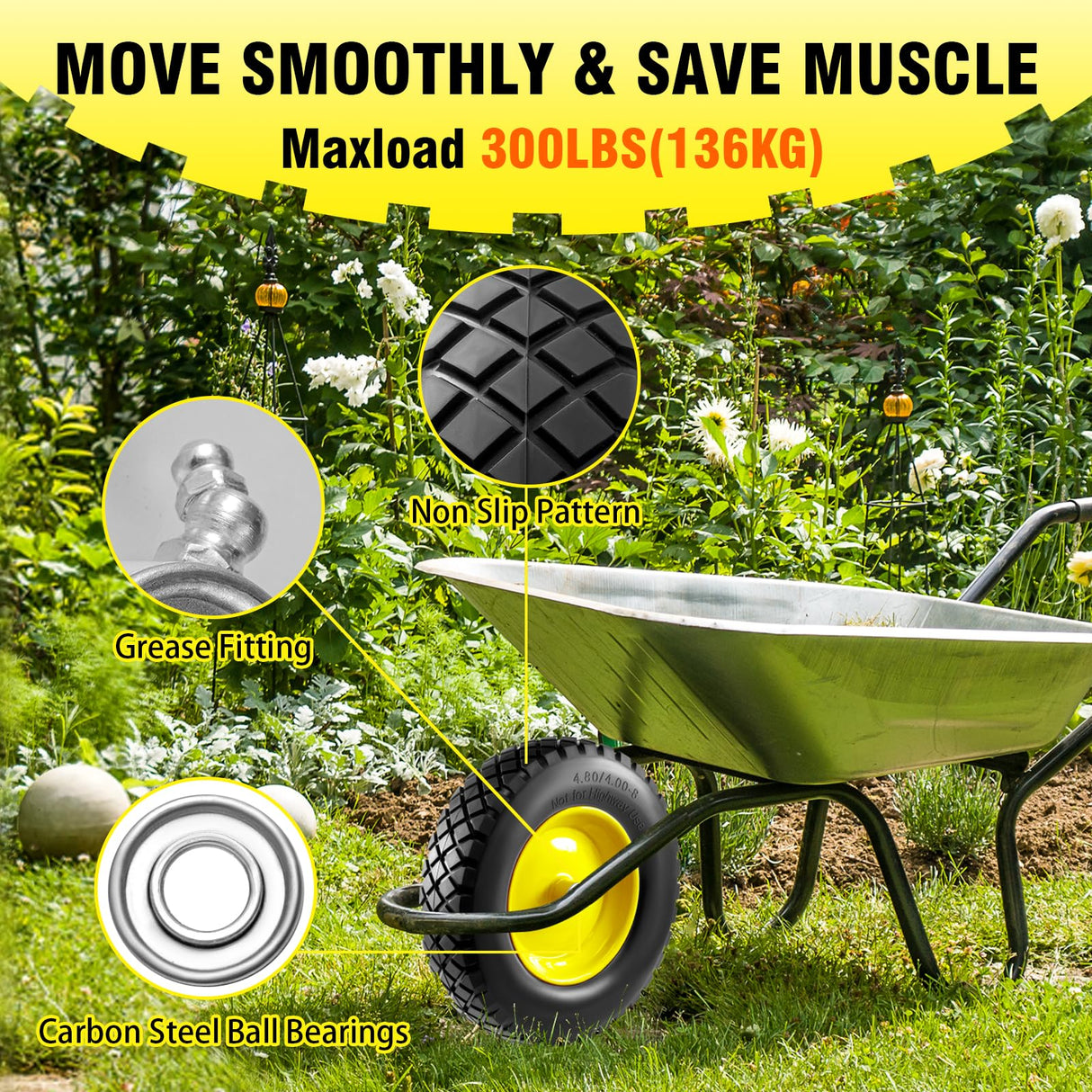 4.80/4.00-8" Tire and Wheel Flat Free 16", Solid Wheelbarrow Tire with 5/8" & 3/4" Bearings 3" Centered Hub, 14"-16" Universal Fit Wheelbarrow Tires for Hand Truck/Garden Trailer/Trolley/Wagon (1)