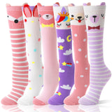 MOGGEI Kids Girls Knee High Socks Long Boot Crazy Silly Fun Gift Tall Funny Cute Animal Christmas Gift for 4 5 6 7 8 9 10 11 12 Year Old Girls Stocking Stuffers Socks 6 Pairs （Animal Pink Purple）