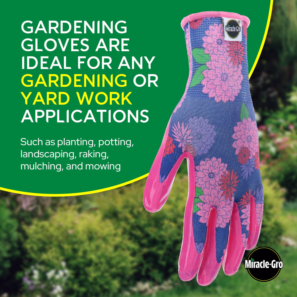 Miracle-Gro Women's Nitrile Coated Grip Floral Pattern Gardening Work Gloves 3-Pack, Extreme Comfort, Excellent Grip, Water Resistant, Pink/Purple, Medium, (MG37126/WML)