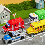 JOYIN 4 Pcs 7" Long Vehicle Toy Set, Toddlers Cars with Lights and Siren Sound, Including Play Police Car, School Bus, Garbage Truck, Ambulance, Birthday Christmas Party Gifts Toys for Boys 3-5