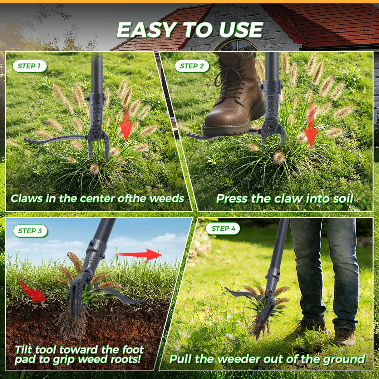 RexWeed Stand Up Weed Puller Tool, 46" Adjustable All-Metal Long Handle Weeder with 4-Claw Steel Head, Remove Weeds by Roots Without Bending or Kneeling, Heavy Duty Garden Tool Back & Knee Friendly
