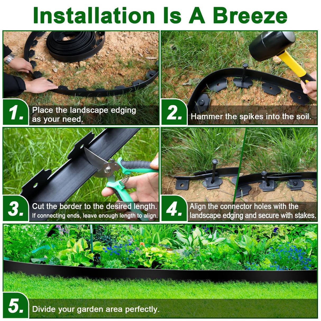 Landscape Edging, 2 Inch Tall 33 Ft No Dig Landscape Garden Edging Border Kit with 50 Anchoring Spikes, Plastic Garden Border for Landscaping Flower Bed Lawn Yard Grass Paver Pathway Walkway, Black