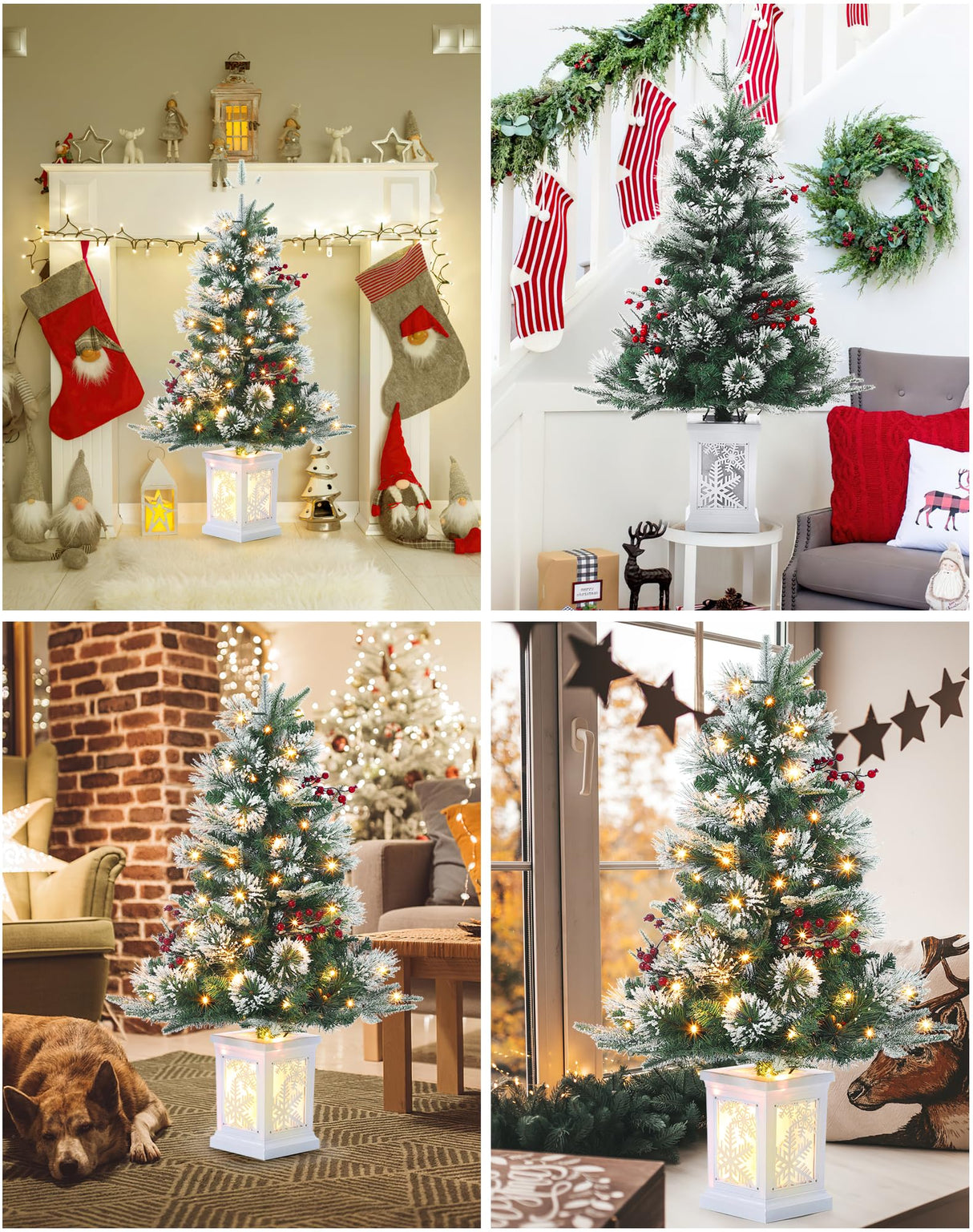 3FT Prelit Premium Snow Flocked Artificial Christmas Tree with Warm White LED, Mini Prelit Xmas Pine Tree for Christmas Decoration,Yard,Home,Office,Outdoor,Indoor,8 Mode Snowflake White Base- 1PC