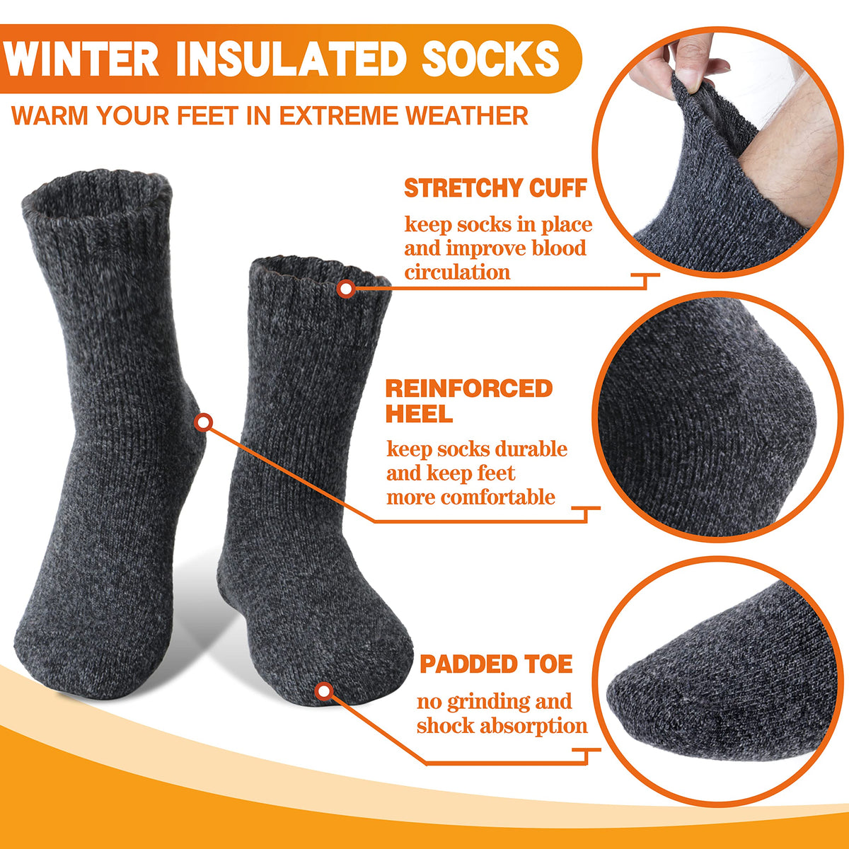 Welwoos Heated Thermal Socks for Women & Men Winter Warm Ski Thick Boot Insulated Gift Socks Stocking Stuffers for Women 3 Pairs (Dark Grey,L)