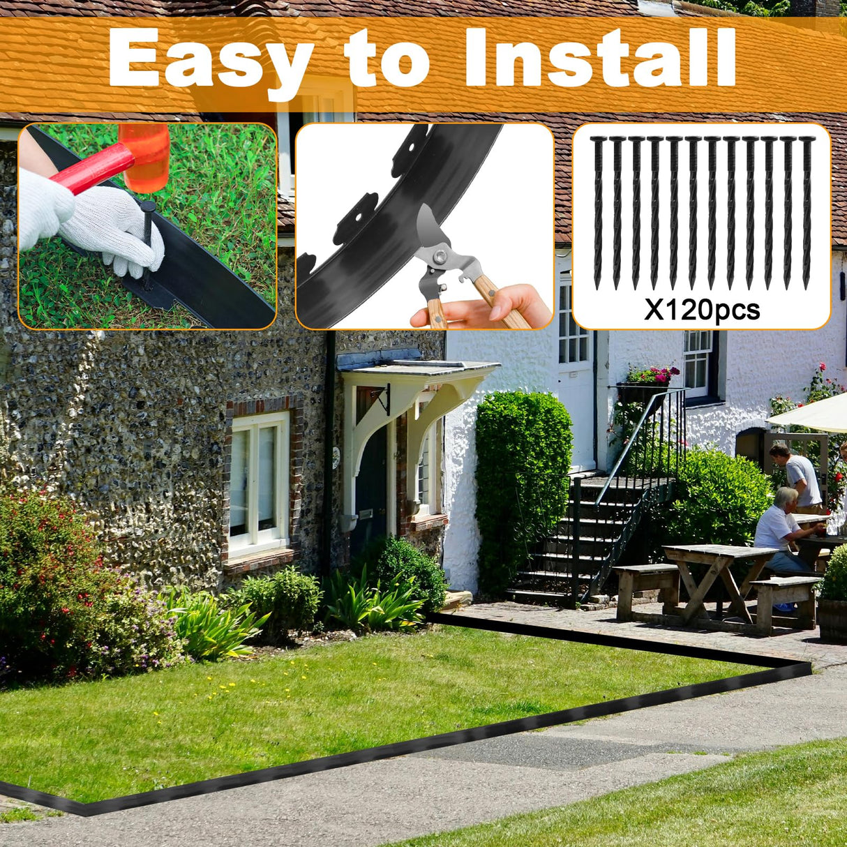 4 Inch Tall Landscape Edging, 132FT Garden Lawn Edging Kit with 120 Spikes, No Dig Plastic Border for Flower Beds, Pathways, Driveways, Weed Barrier