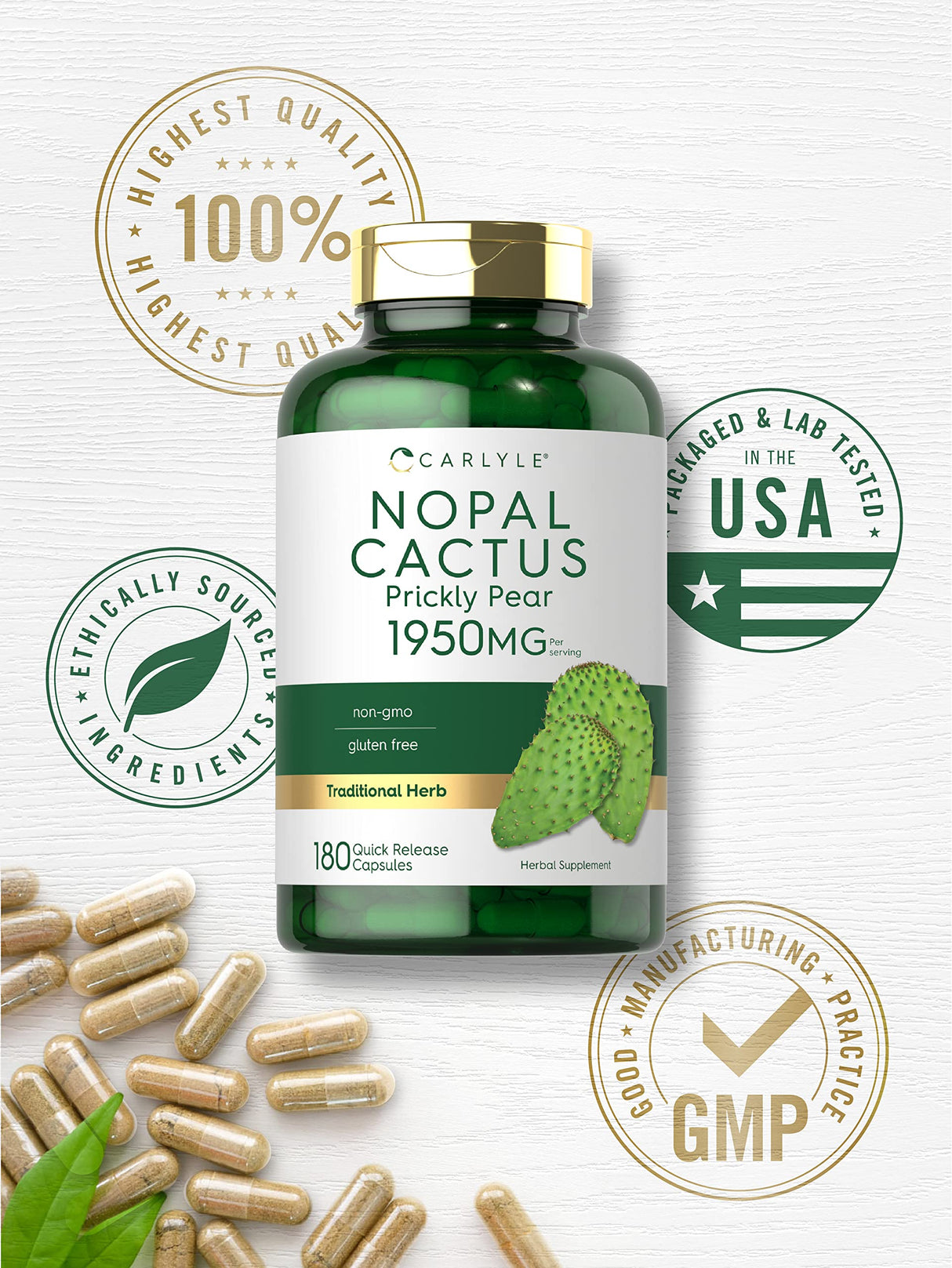 Carlyle Prickly Pear 1950 mg | 180 Capsules | Nopal Cactus Supplement | Non-GMO, Gluten Free
