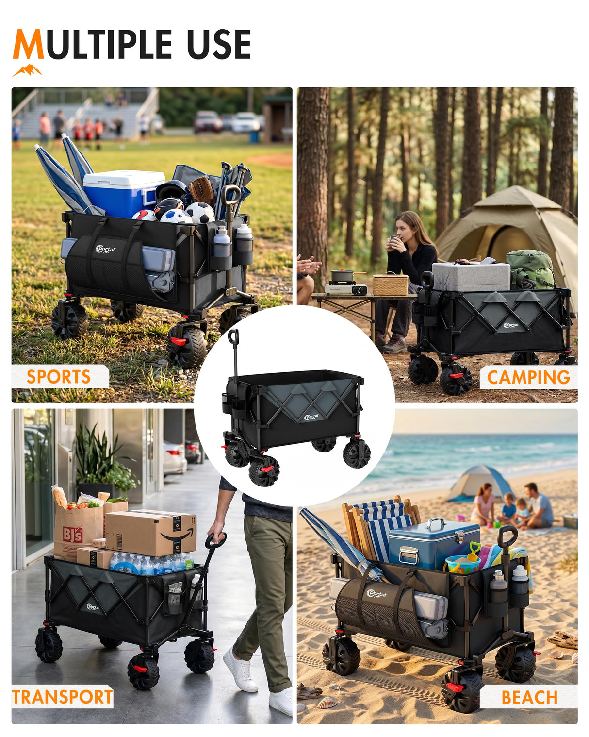 PORTAL Folding Wagon Black, All-Terrain, Beach Camping Garden Grocery