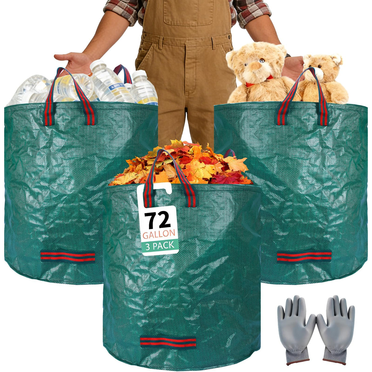 3 Pack 72-Gallon Yard Waste Bags with Gardening Gloves, Heavy Duty Reusable Lawn Leaf Bags with Reinforced Handles, Collapsible Garden Bags for Leaves, Debris and Outdoor Clean Up