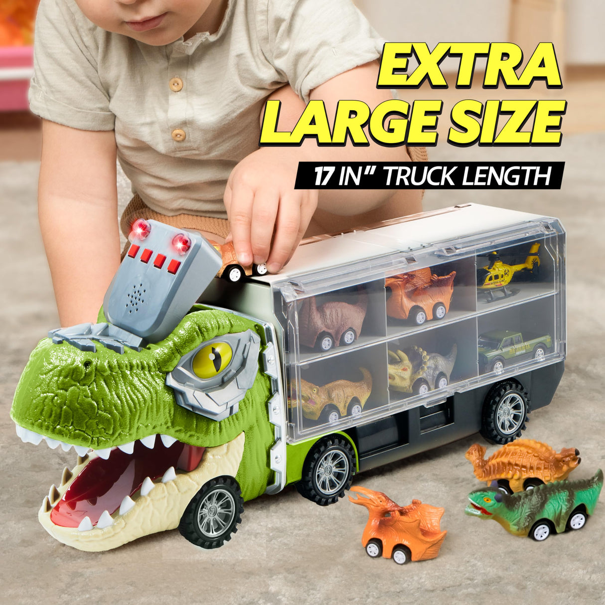 JOYIN 13 in 1 Dinosaur Toys for Kids 3-5, Dinosaur Truck with 12 Pull Back Cars, Birthday Gifts Toys for 3 4 5+ Year Old Boy, Transport Carrier Truck for Toddlers, Christmas Great Gifts for Grandkids