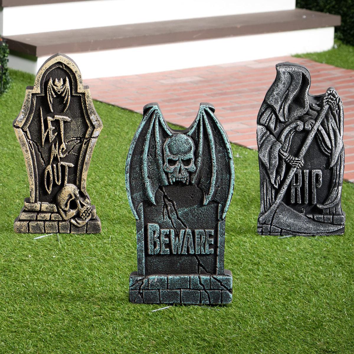 JOYIN 17” Halloween Decorations Outdoor Tombstones, 5 Pack Halloween Foam Graveyard Headstone Decorations with 12 Bonus Metal Stakes for Yard Lawn Outside Decor