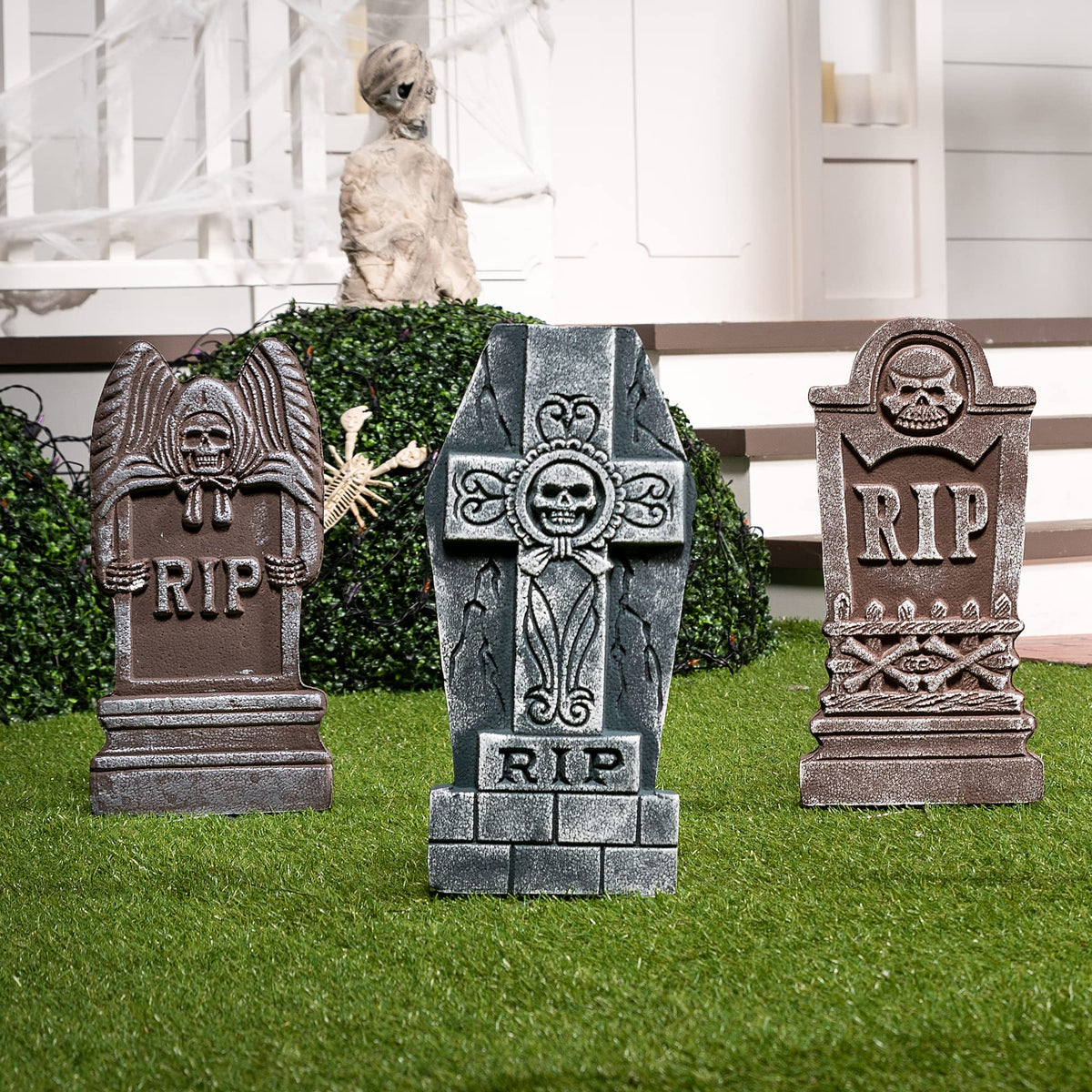 JOYIN 17” Halloween Foam RIP Graveyard Tombstones (5 Pack), Halloween Tombstones Outdoor Decorations for Graves Decorations with 12 Metal Stakes for Cemetery Yard Lawn Party Decor