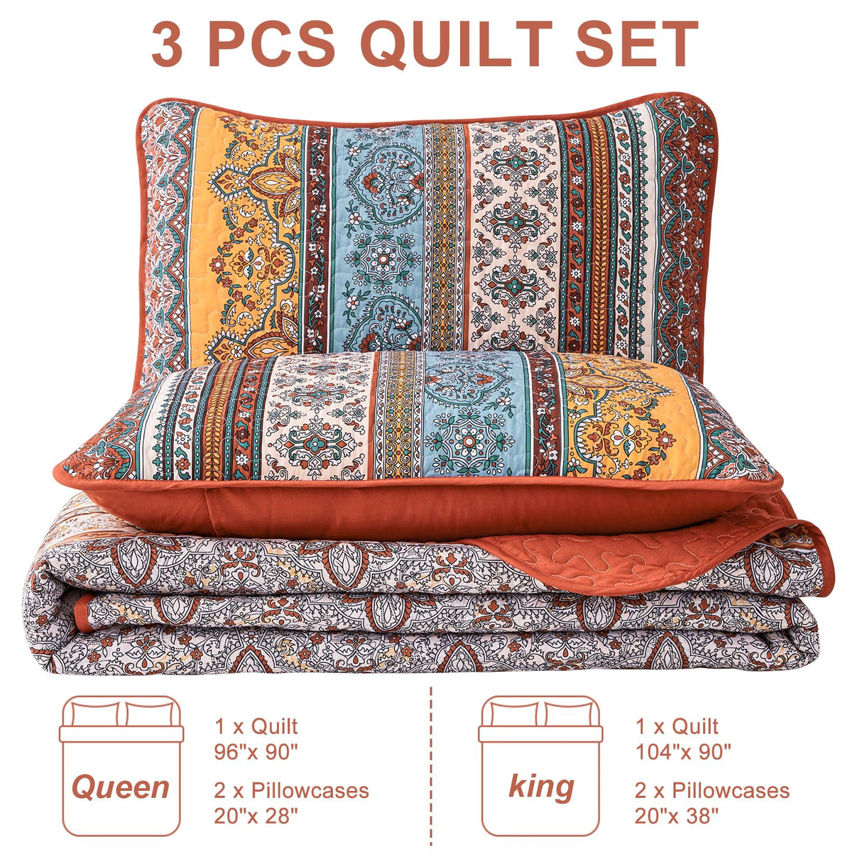 WONGS BEDDING Boho Quilt Set King Size Burnt Orange, 3 Pieces Fall Striped Bedspread Coverlet Set, Christmas Halloween Soft Lightweight Microfiber for All Season(104"×90")