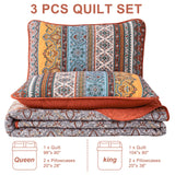 WONGS BEDDING Boho Quilt Set King Size Burnt Orange, 3 Pieces Fall Striped Bedspread Coverlet Set, Christmas Halloween Soft Lightweight Microfiber for All Season(104"×90")