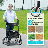 PLANET WALK Super Lightweight Rollator Walker for Seniors, Foldable Rolling Walker with Seat and 8" Rubber Wheels for All Terrain, Unique Design Aluminium Frame Sturdy Walkers for Traveling - Black