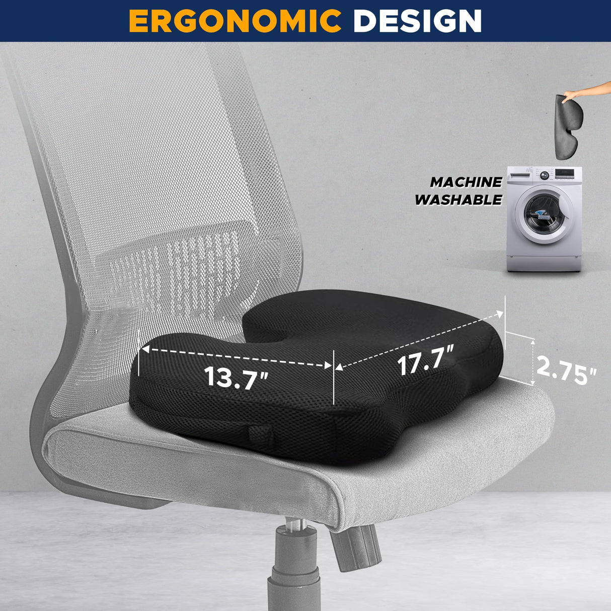EcoNour Gel Seat Cushion – Office Chair Cushions for Sciatica & Tailbone Pain Relief – Coccyx Memory Foam Desk Chair Support & Car Seat Cushion – Back Pain Relief Pillow for Long Sitting
