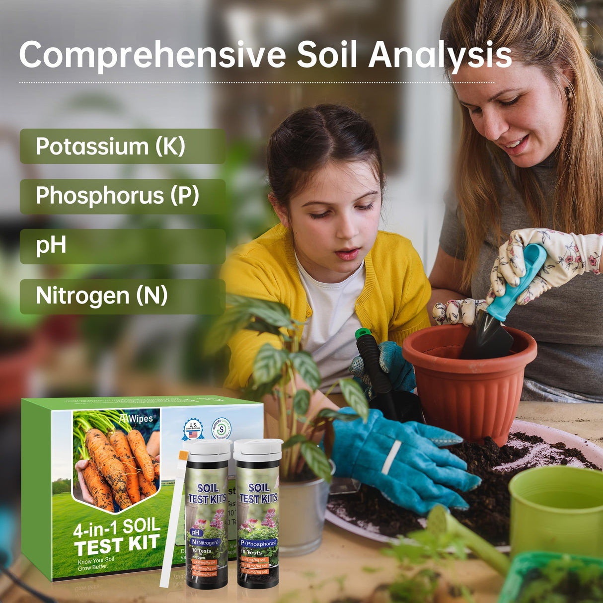 AAwipes Soil Test Kit for 4-in-1 pH, Nitrogen(N), Phosphorus(P), Potassium(K) Levels – 40 Tests for Garden, Lawn, Yard & Plant Care – Reliable Nutrient Tester with Sampling Accessories