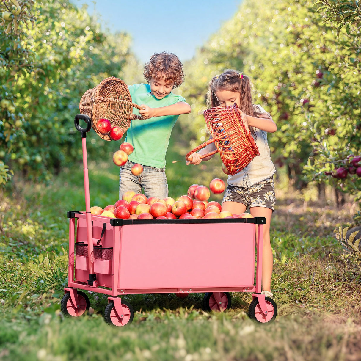 HOMBETTA 29.3" Collapsible Wagon Cart, 150L Heavy Duty Folding Utility Wagon with Wheels, 260 lbs Load, Portable Rolling Cart for Garden, Shopping, Sports, Camping, Pink