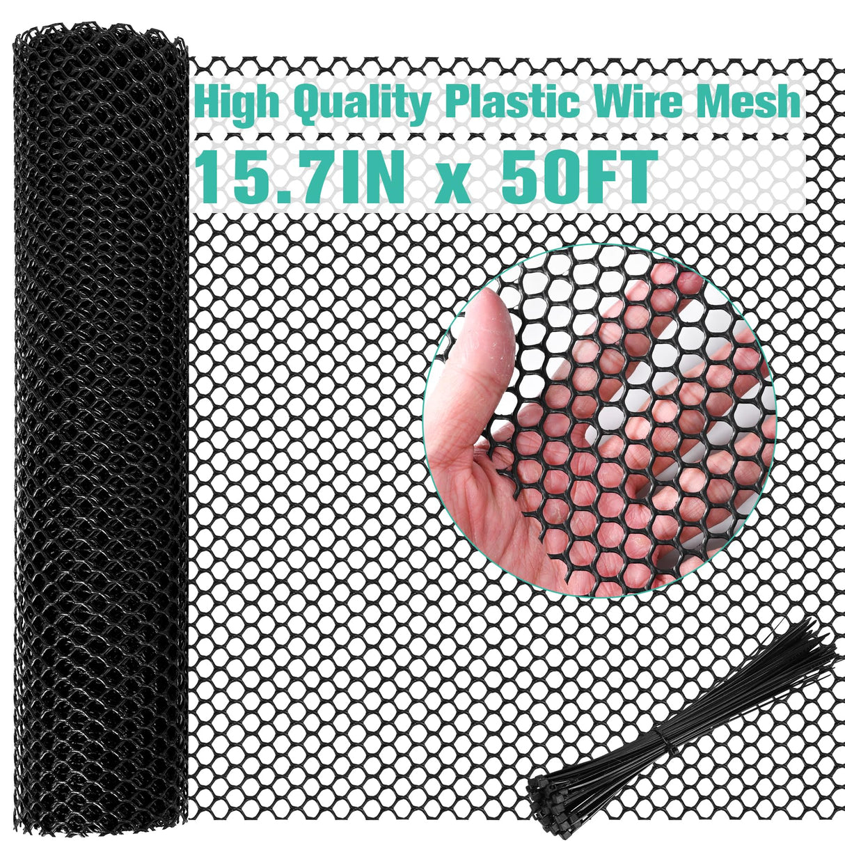 Plastic Mesh Fence Sheet 15.7IN x 50FT - 0.3IN Opening Plastic Chicken Wire Netting Roll Durable for Dogs, Poultry, Puppy, Garden Snake Barrier with 50 Pcs Zip Ties - Black