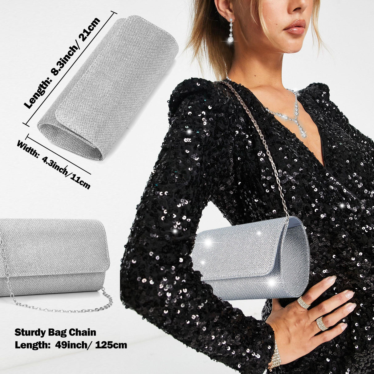 GIFIKOI 11 Pcs Silver Clutch Purse Crystal Jewelry Set for Women Shiny Rhinestone Jewelry Accessories for Evening Party Bride Wedding