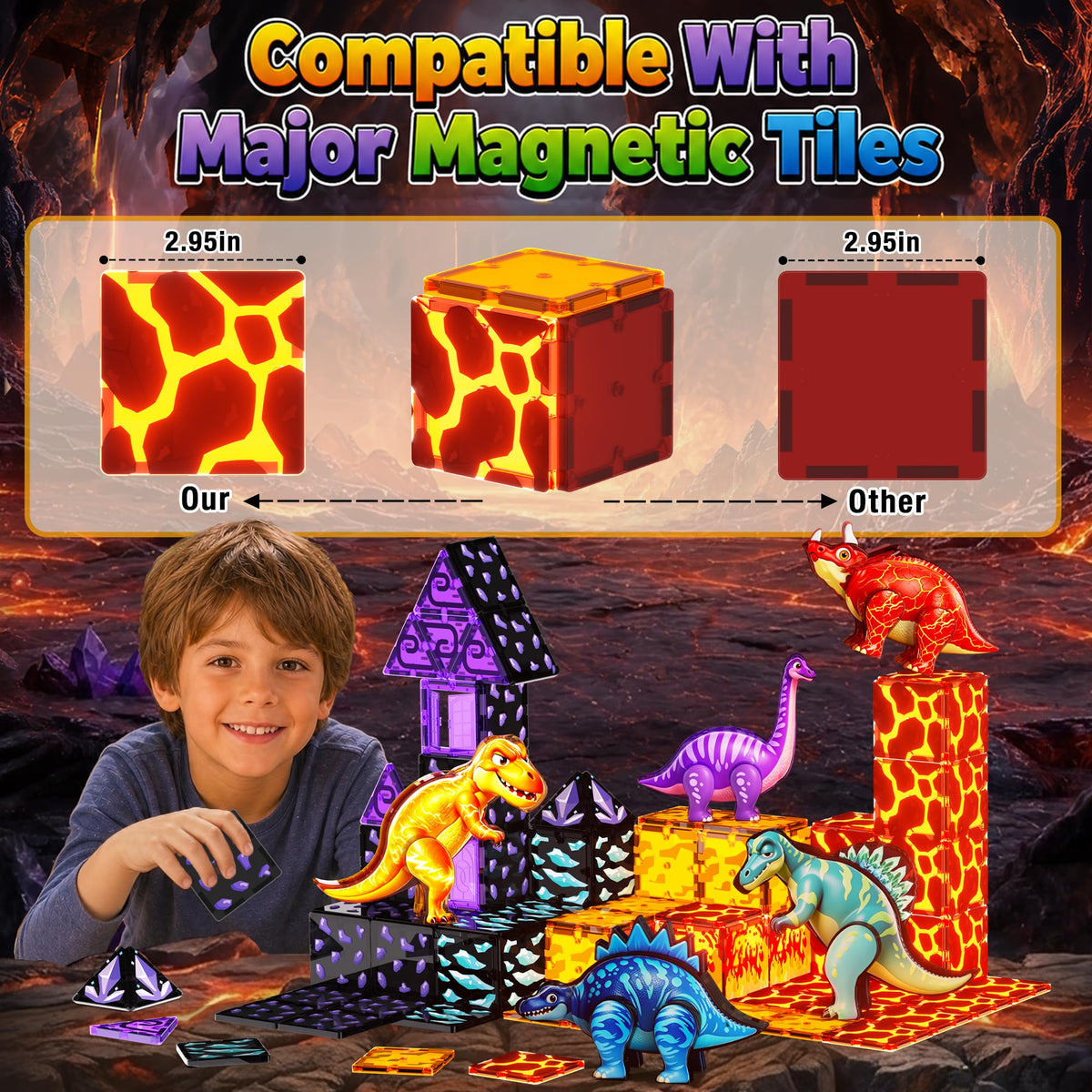 GobiDex Magnetic Tiles Lava & Cave Dinosaur Toys for Kids 3-5 5-7