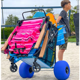 Beach Cart Balloon Wheel Deluxe Heavy Duty Folding Ocean Utility 13” x 7” Sand Wheels Holds 4 Folding Chairs Umbrella Holder Removable Beach Bag Blue Striped Pattern