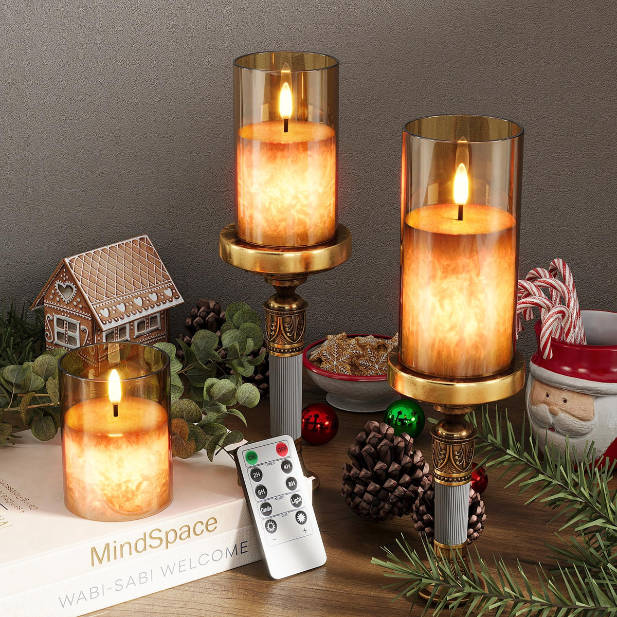 Battery Operated Flameless Candles with Remote & Timer, Gold Glass 3Pack