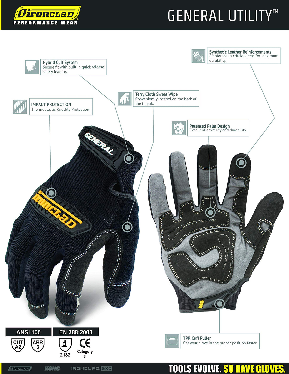 Ironclad General Utility Work Gloves GUG, All-Purpose, Performance Fit, Durable, Machine Washable, Sized Medium, (1 Pair) Black