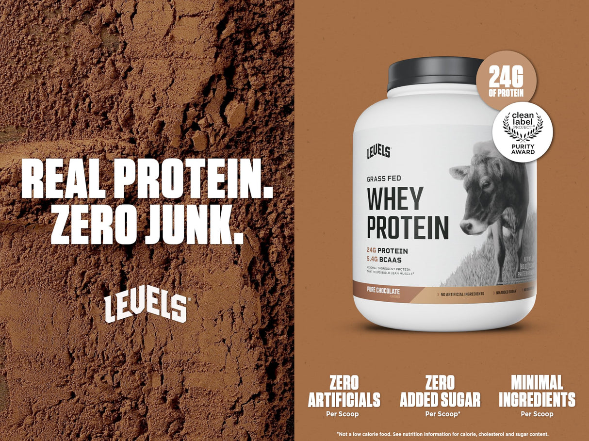 Levels Grass Fed Whey Protein Powder, No Artificials, 24G of Protein, Pure Chocolate, 5LB