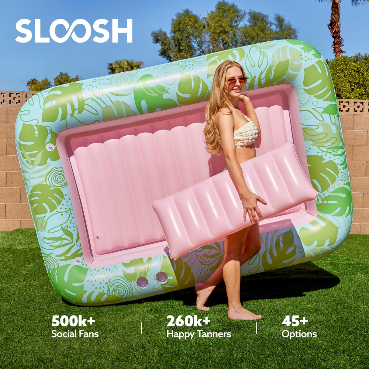 SLOOSH Inflatable Tanning Pool Lounger Float, 85" x 57" Extra Large Pool Floats Adult with Pillow, 4 in 1 Suntan Tub Raft Floatie,Sunbathing Bed Lounge for Water Blow Up Ball Pit, XL-Cyan Pink