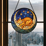 AMDERVEN Stained Glass Window Hanging - Orange Moon Sleeping Cat Sun Catcher for Door Home Decor Blue Starry Sky Suncatcher Christmas Mother's Day Birthday Gifts for Women Men Mom Nana 6.3 in