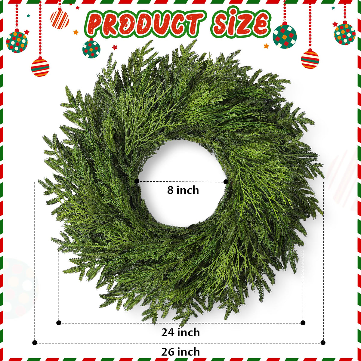 26" Large Cedar Norfolk Pine Wreath for Front Door, Faux Christmas Wreath