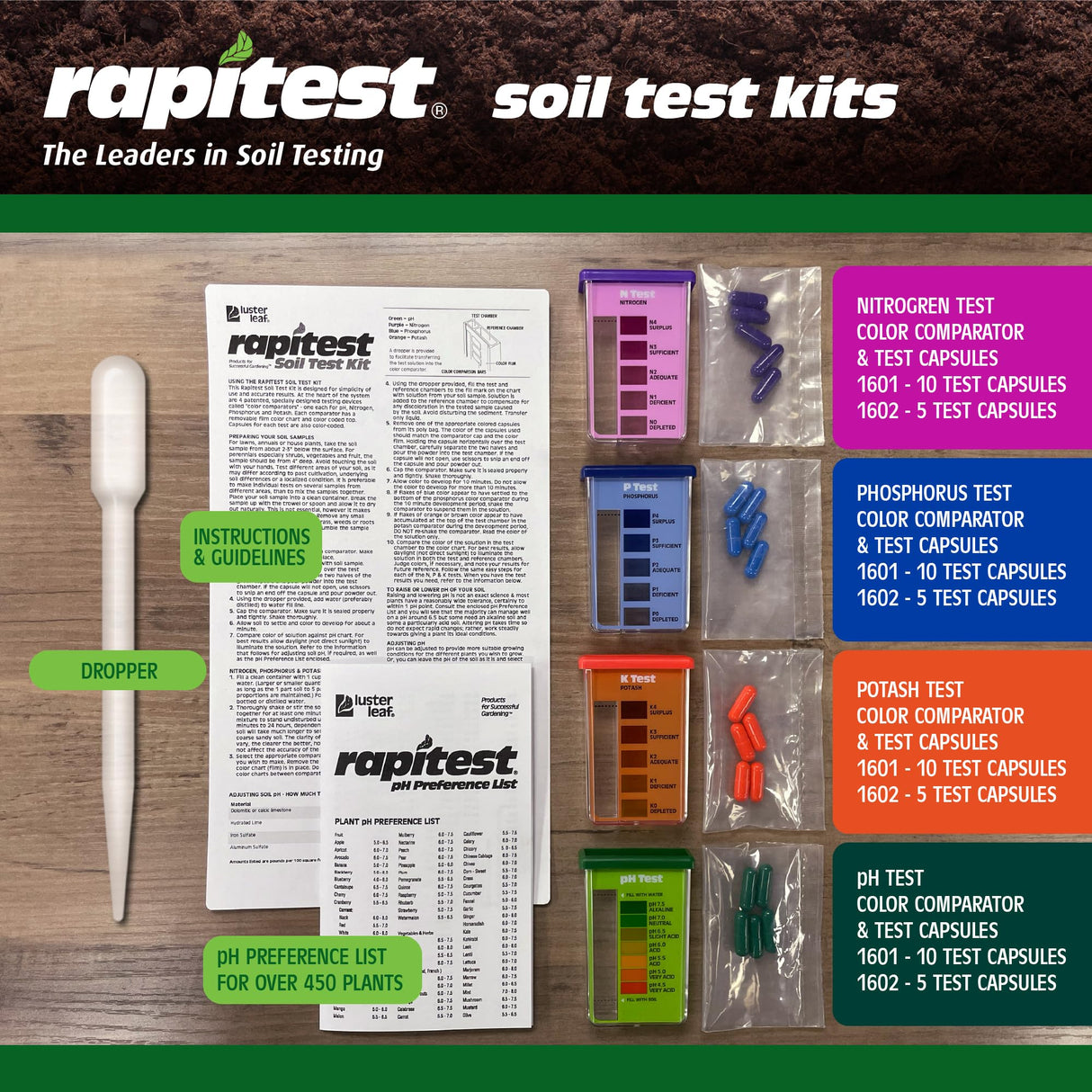 Rapitest Soil Test Kit for Gardens, Vegetables, Flowers and Lawns. USA designed and assembled soil tester completely, quickly and accurately measures/analyzes soil pH acidity and garden nutrients.