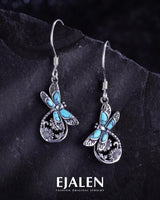 S925 Sterling Silver Turquoise Dragonfly Sunflower /Hummingbird/Butterfly/Cross/Anchor Earring Vintage Bohemian Jewelry Natural Drop/Stud Earrings Birthday Jewelry Gifts for Women (Dragonfly Dangle Earrings)