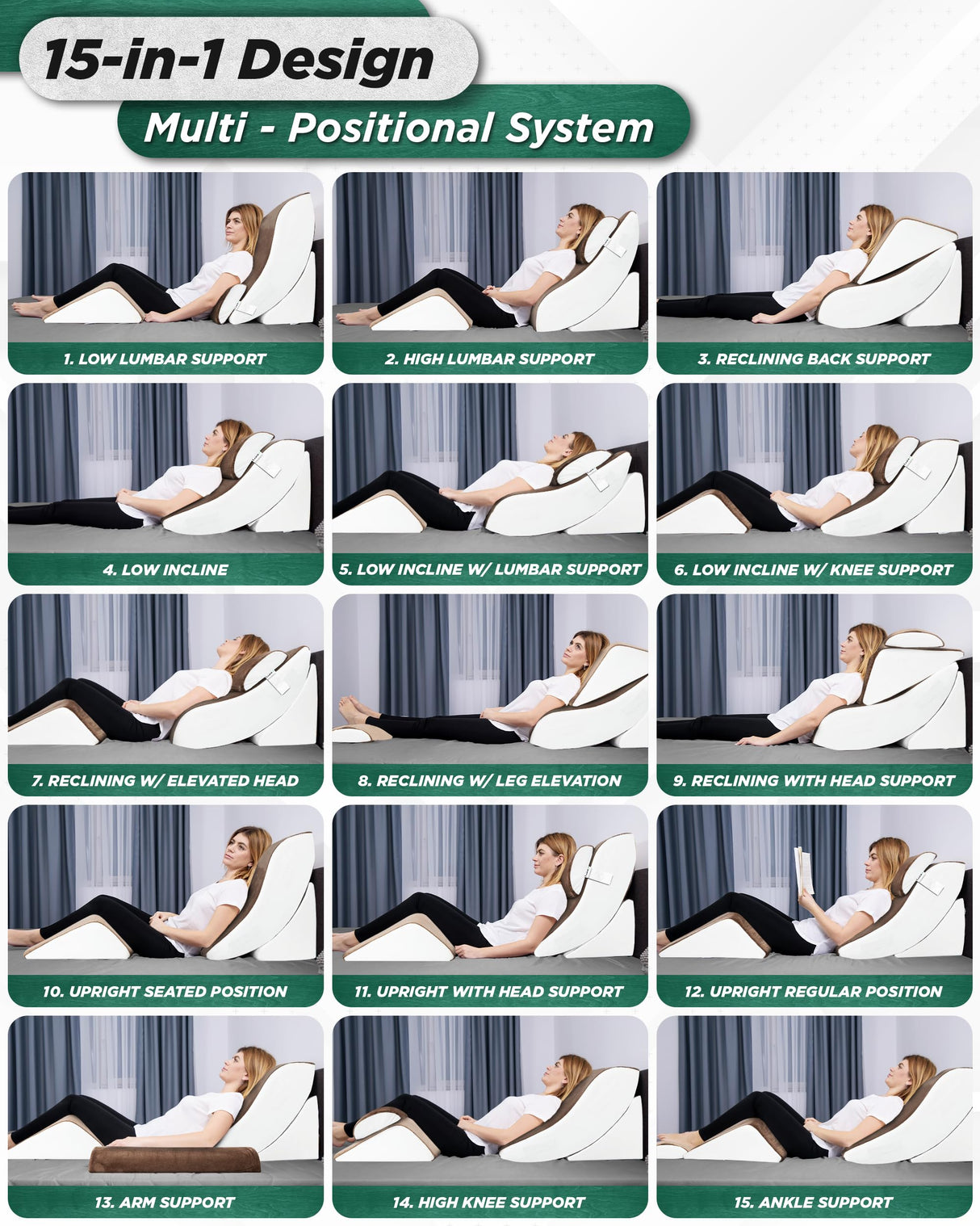 Lunix 4pcs Orthopedic Bed Wedge Pillow Set, Post Surgery Memory Foam for Back, Knee, Leg Pain Relief, Adjustable Sitting Pillow for Sleeping, Acid Reflux, GERD, with Hot Cold Pack, Brown/White