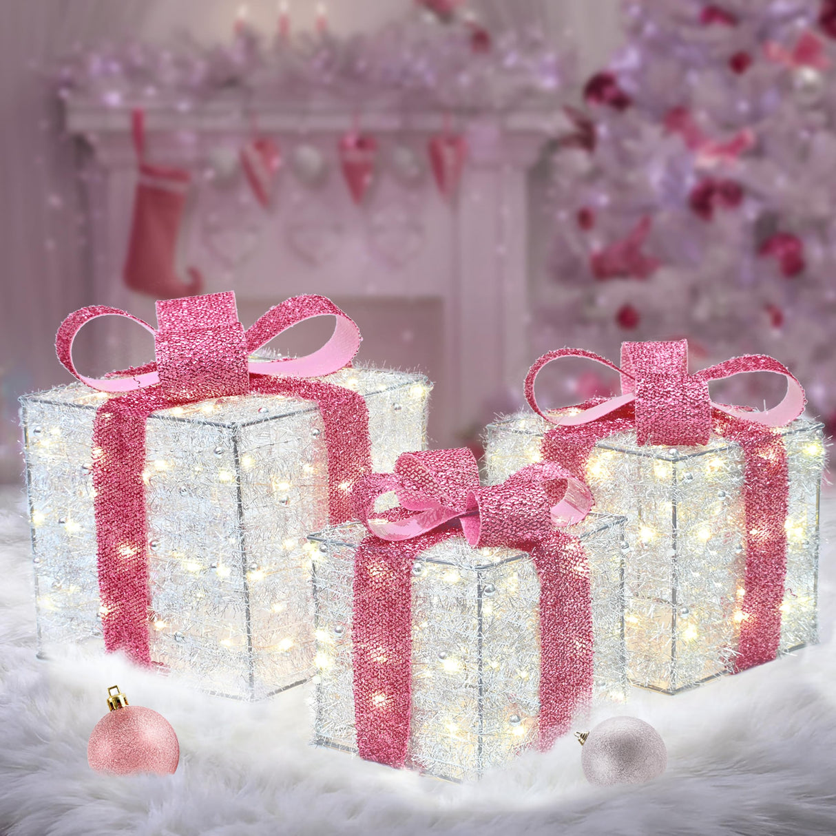 Christmas Decorations, 140 LEDs Set of 3 Lighted Gift Boxes with Silver Tinsel and Pink Bows, Warm White Present Boxes for Indoor Outdoor Holiday Party Yard Bedroom Home Xmas Decor