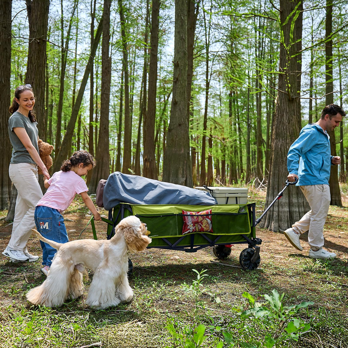 Timber Ridge 51.2'' Extended Collapsible Wagon Cart with Brakes and Cargo Net, Heavy Duty Foldable Utility Wagon with Adjustable Handle, 400L Capacity Portable Cart for Camping Sports Shopping