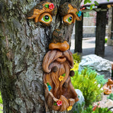 Mood Lab Tree Face Decor with Flowers - Outdoor Old Man Face Decoration - Tree Garden Hugger - Yard Art Statue