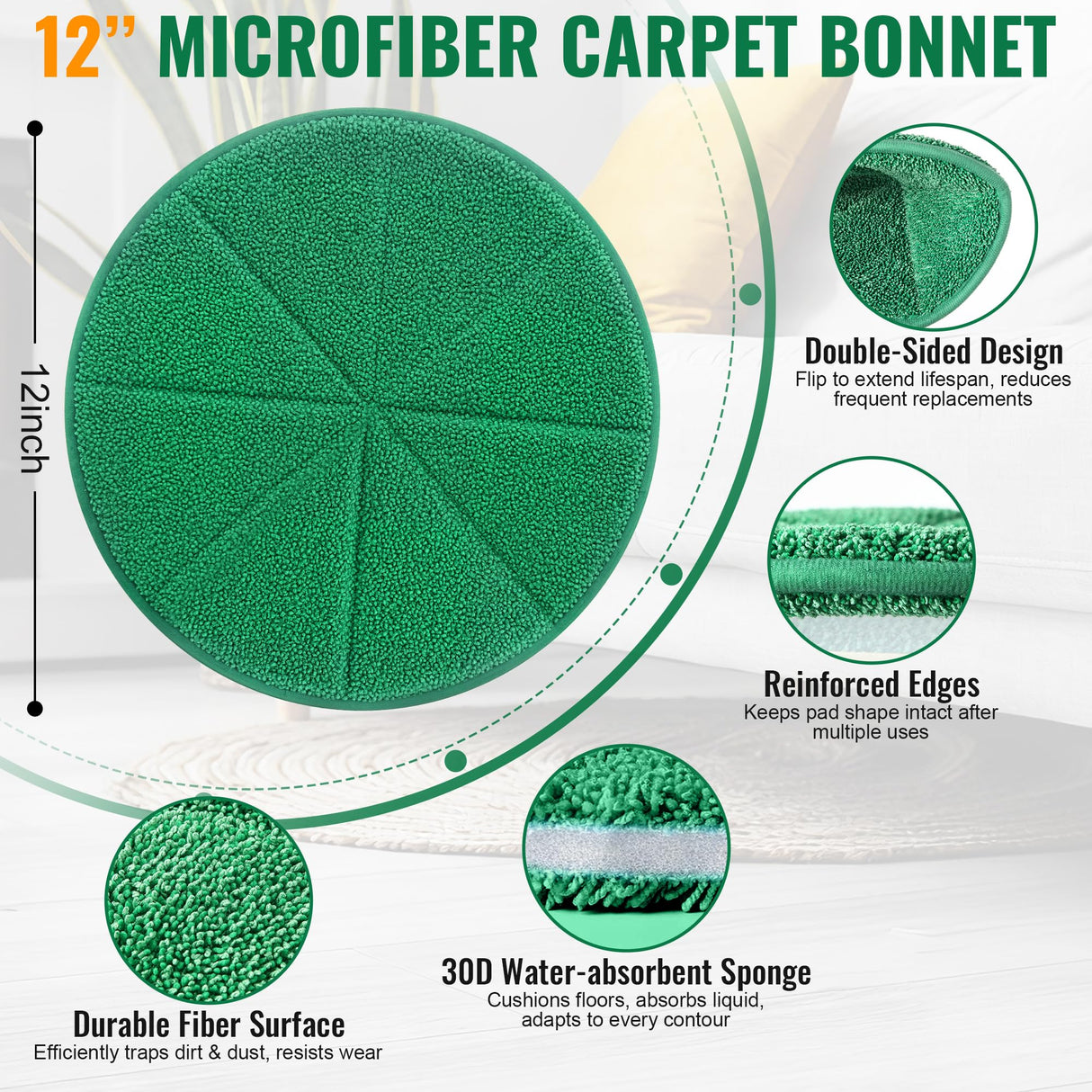 Potchen 4 Pack 12" Microfiber Carpet Bonnet Pads Compatible with Oreck Orbiter ORB550MC ORB700MB ORB600MW Floor Machine, Mopping and Buffing Pad Compatible with Bissell Commercial BGEM9000