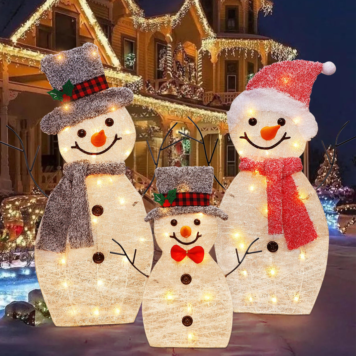 ATDAWN Light Up Snowman Family, Pre-Lit 60 Lights Christmas Collapsible Snowman Outdoor Decoration, Outdoor Lighted Snowman Christmas Yard Decorations, SF02