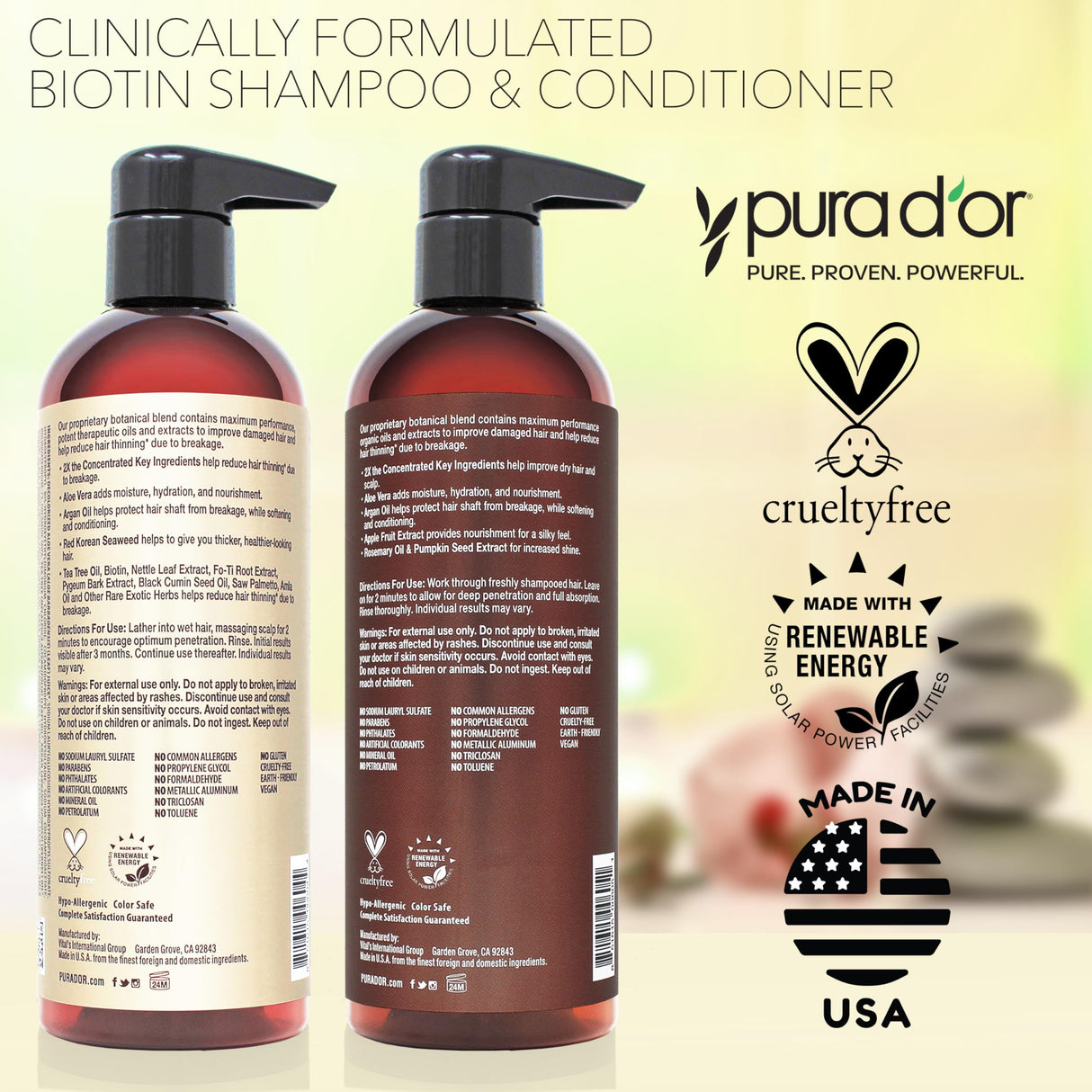 PURA D'OR Professional Grade Clinically Formulated Biotin Shampoo & Conditioner For Hair Thinning - 2X Concentrated Proprietary Herbal Blend Thickening Products For Women & Men, Sulfate Free, 16oz x2