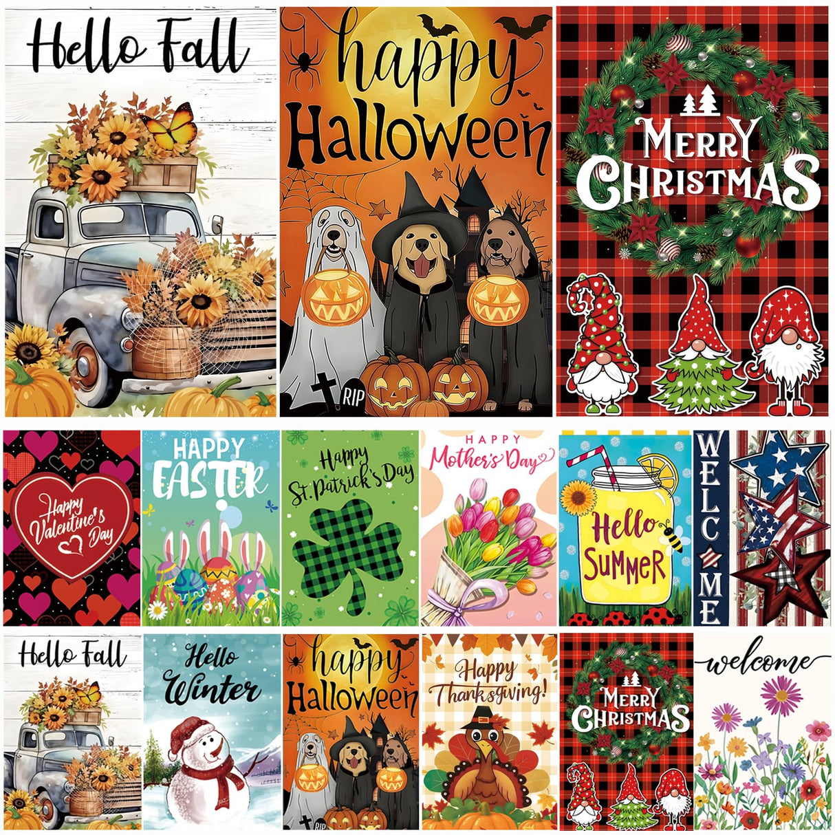 Seasonal Garden Flags Set of 12 Double Sided 12 x 18 Inch, Small Yard Flags for Outside, Summer Fall Garden Flag, Christmas Halloween Winter Outdoor Flag, Holiday Garden Decorations for All Season
