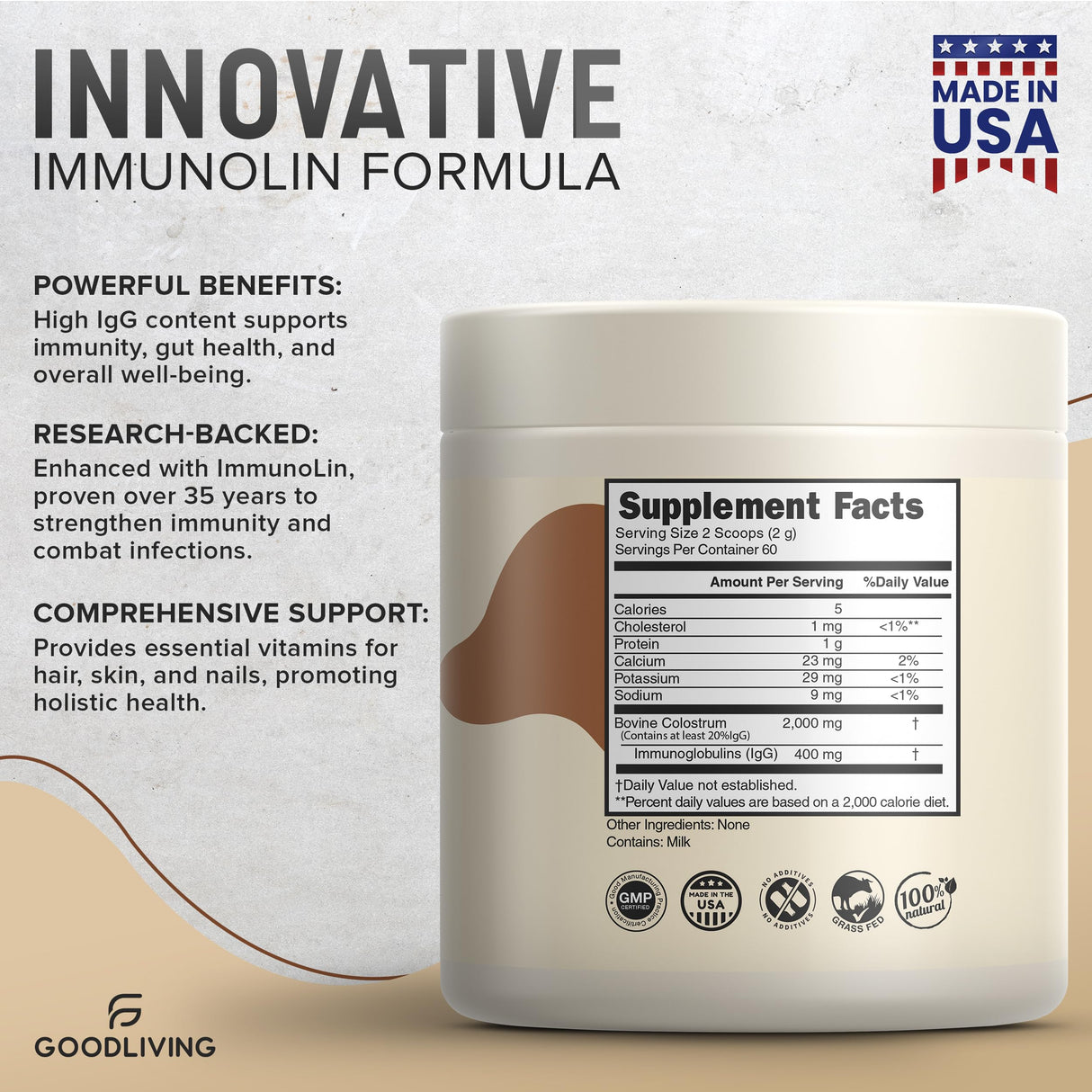 GoodLiving Grass Fed Colostrum Powder for Immune Support, Gut Health, Muscle Support & Wellness - Grass Fed Colostrum for Women & Men, Natural IgG Pure Whole Colostrum, Unflavored, 60 Servings