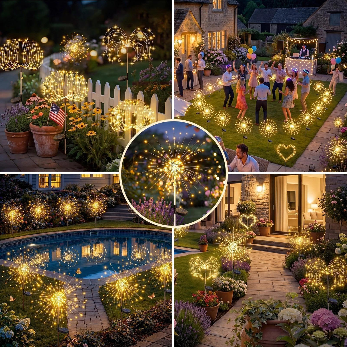 Fairdeer Solar Firework Lights Outdoor 4 Pack, 120LED Solar Starburst Garden Lights with 8 Modes, Waterproof Decorative Sparkle Light for Backyard, Garden, Patio Lawn Landscape & 4th of July Decor