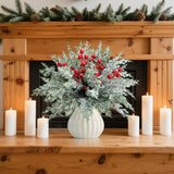 60 Pcs Artificial Christmas Snow Pine Branches with Red Berry Stems, Snowy Faux Greenery Norfolk Pine Cypress Leaves Stems, Berries White Frosted Fake Foliage Pine Needle Picks for Garland Home Decor