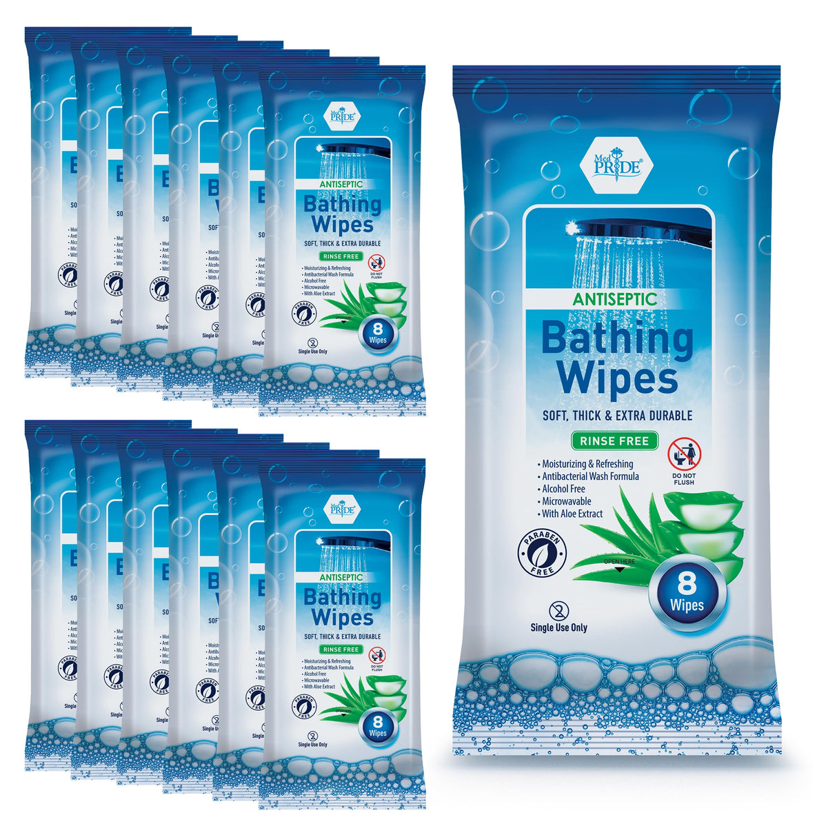 MED PRIDE Hospital Adult No Rinse Bath Wipes for Women, Thick Microwavable Disposable Wipes with Aloe Vera, 96 Count (12 Packs)