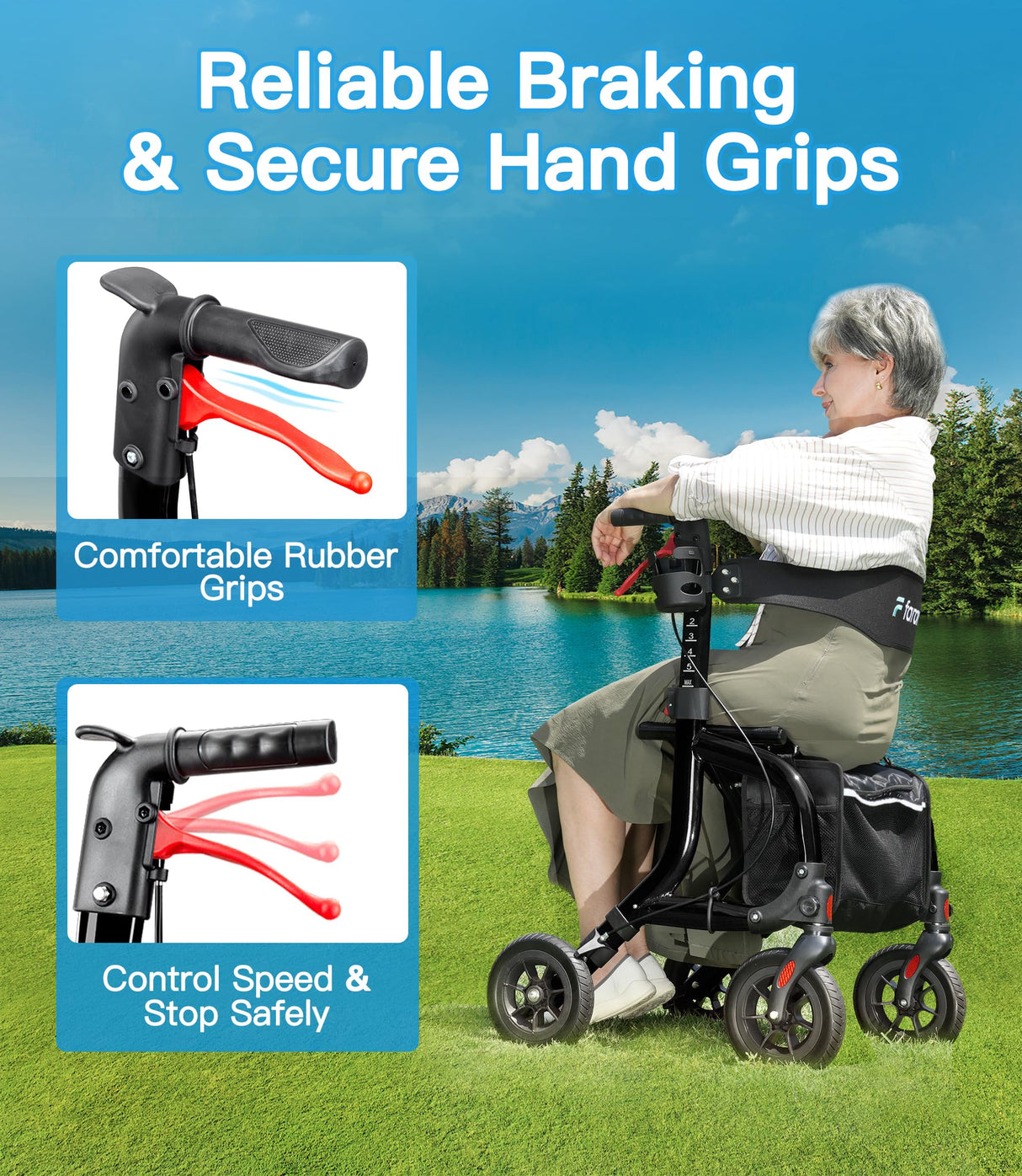 Farani All Terrain Rollator Walkers for Seniors, Lightweight Foldable Rolling Walker with Seat, Sturdy Integrated Molding Frame, Height-Adjustable Handles & Backbrest, 8" Rubber Wheels,Black