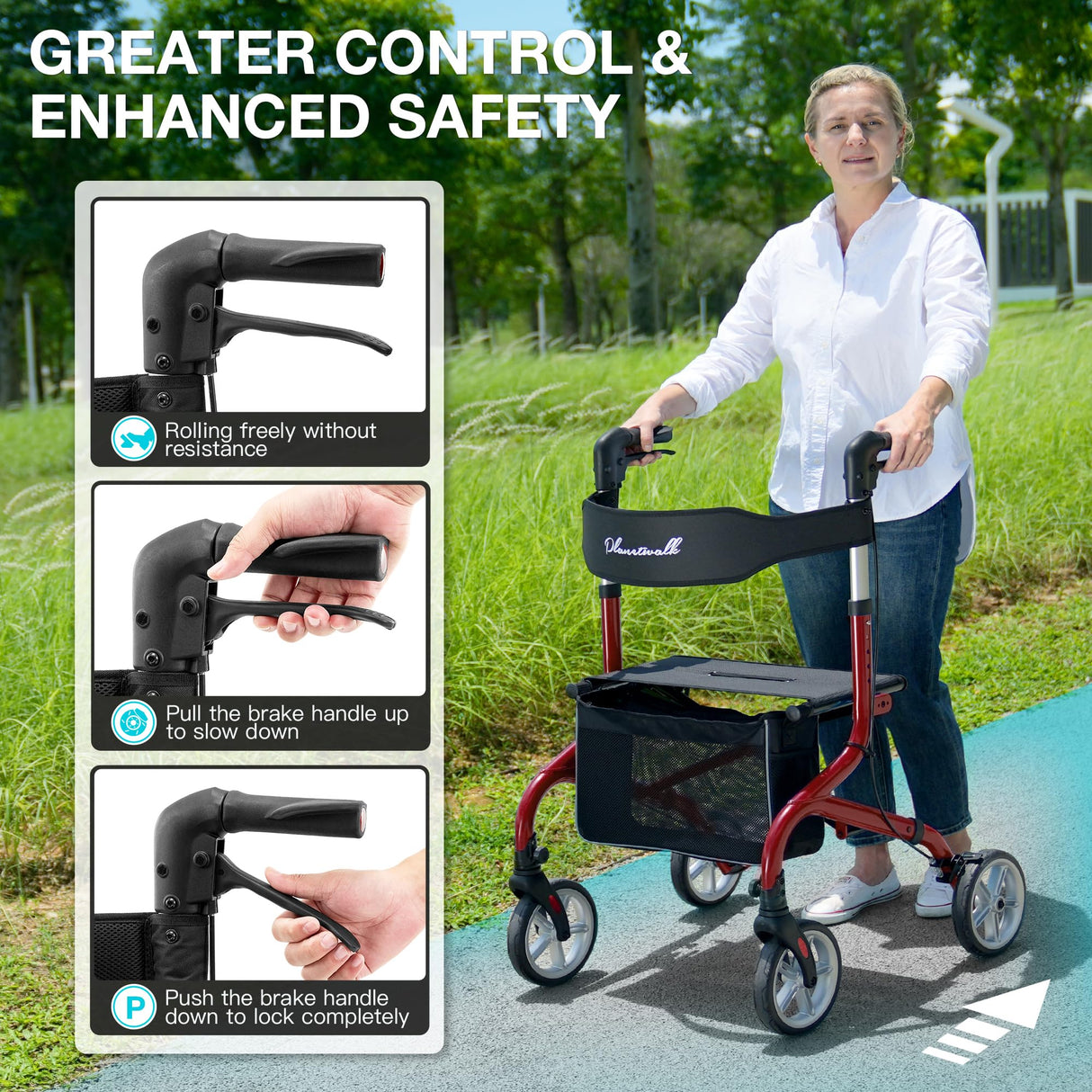 PLANET WALK Super Lightweight Rollator Walker for Seniors, Foldable Rolling Walker with Seat and 8" Rubber Wheels for All Terrain, Unique Design Aluminium Frame Sturdy Walkers for Traveling - Red